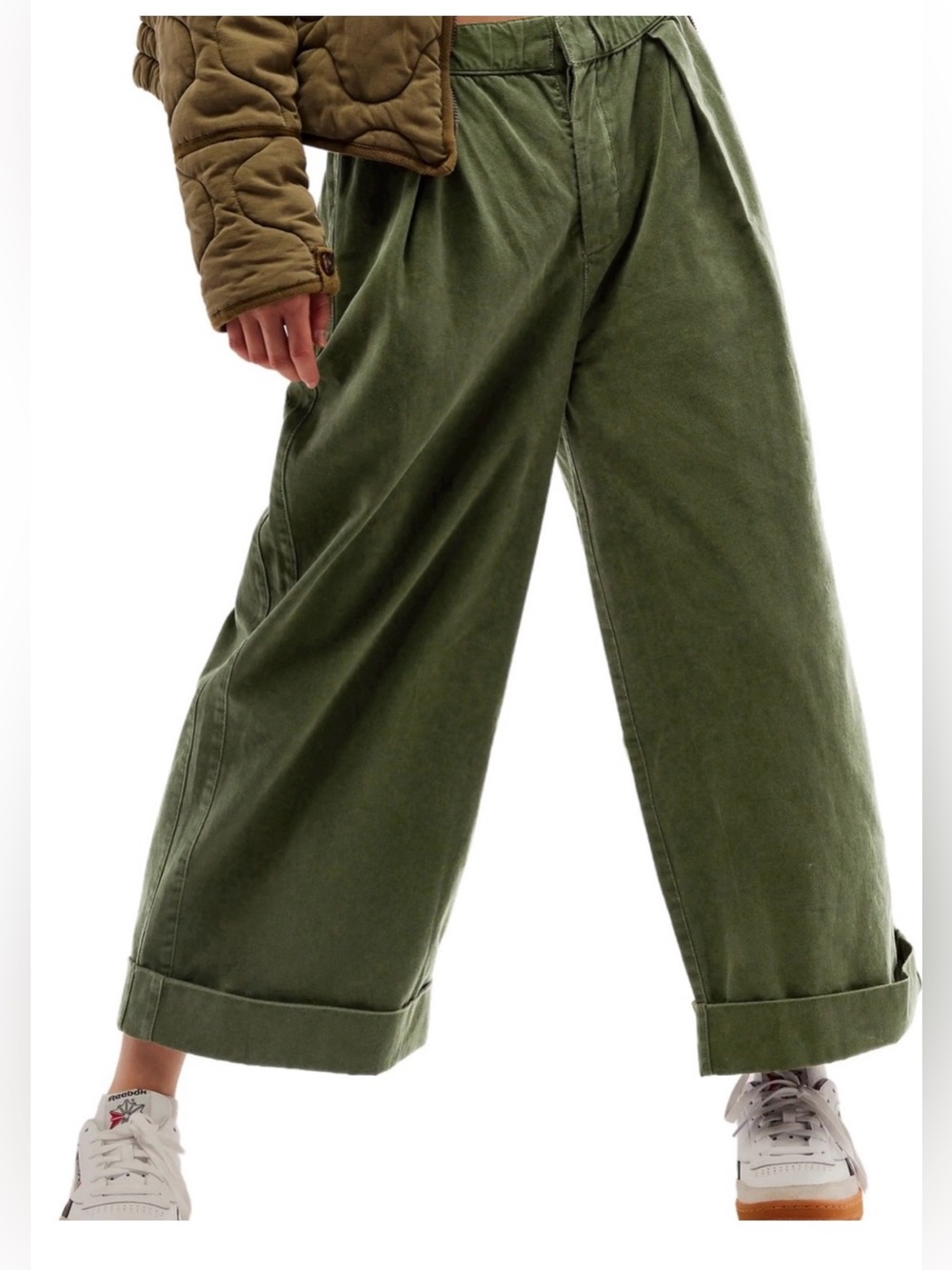 Free People After Love Roll Cuff Pants Olive Wide Leg Utility Boho Small
